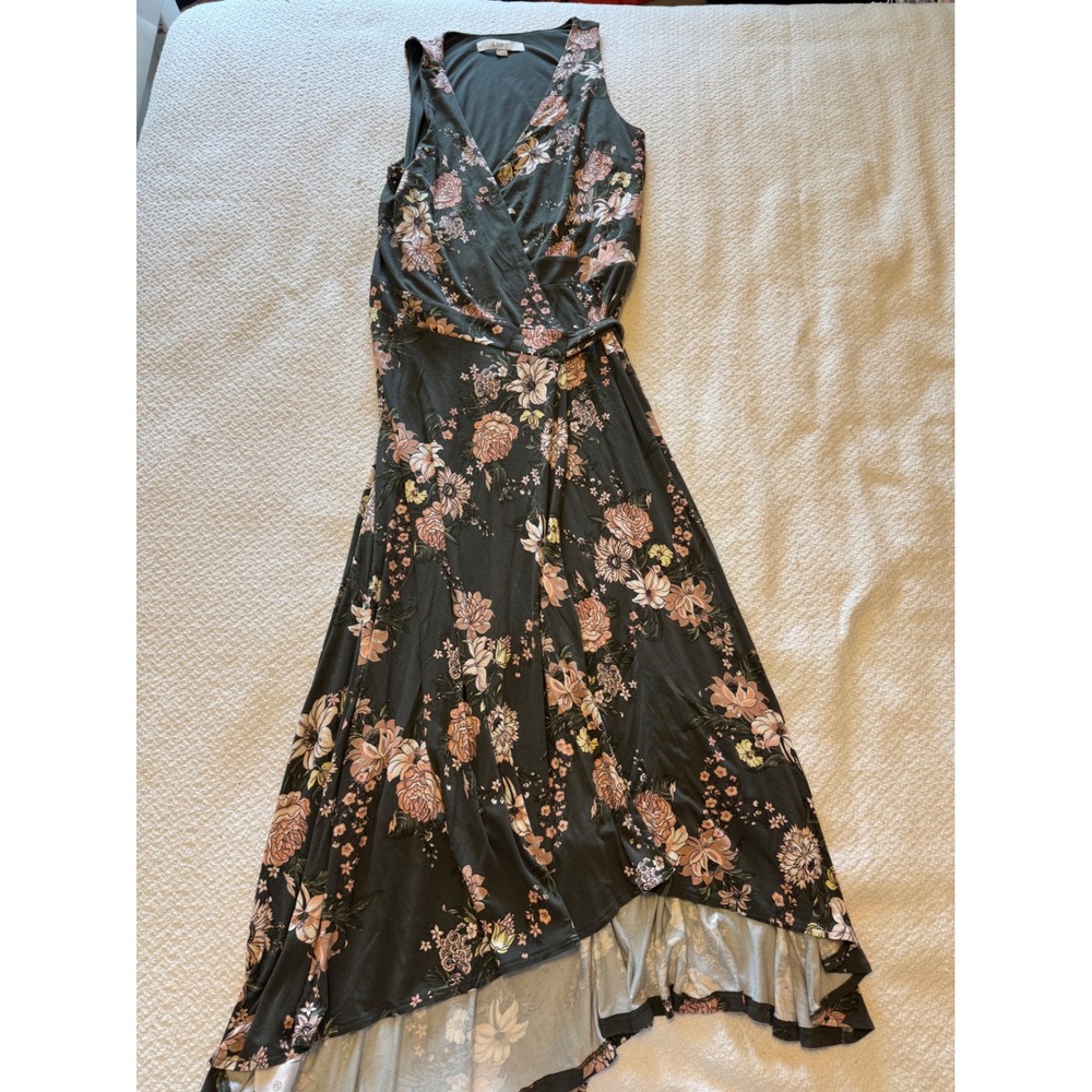 Loft Floral Faux Wrap Maxi Dress Olive Green Pink Sleeveless High Low Hem Size M